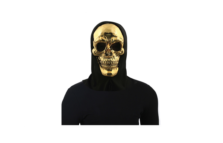 face  head  outfit  hood  skeleton  spooky  metallic  mask  skull  gold  black  halloween  costume  cosplay  accessory  shipping  gift  free shipping  trend  trending