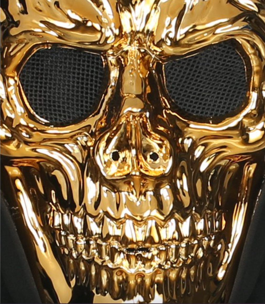 face  head  outfit  hood  skeleton  spooky  metallic  mask  skull  gold  black  halloween  costume  cosplay  accessory  shipping  gift  free shipping  trend  trending